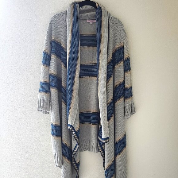 Calypso St. Barth Sweaters - CALYPSO ST. BARTH Beige Linen Knit Blue Stripe Open Cardigan Sweater Size 0